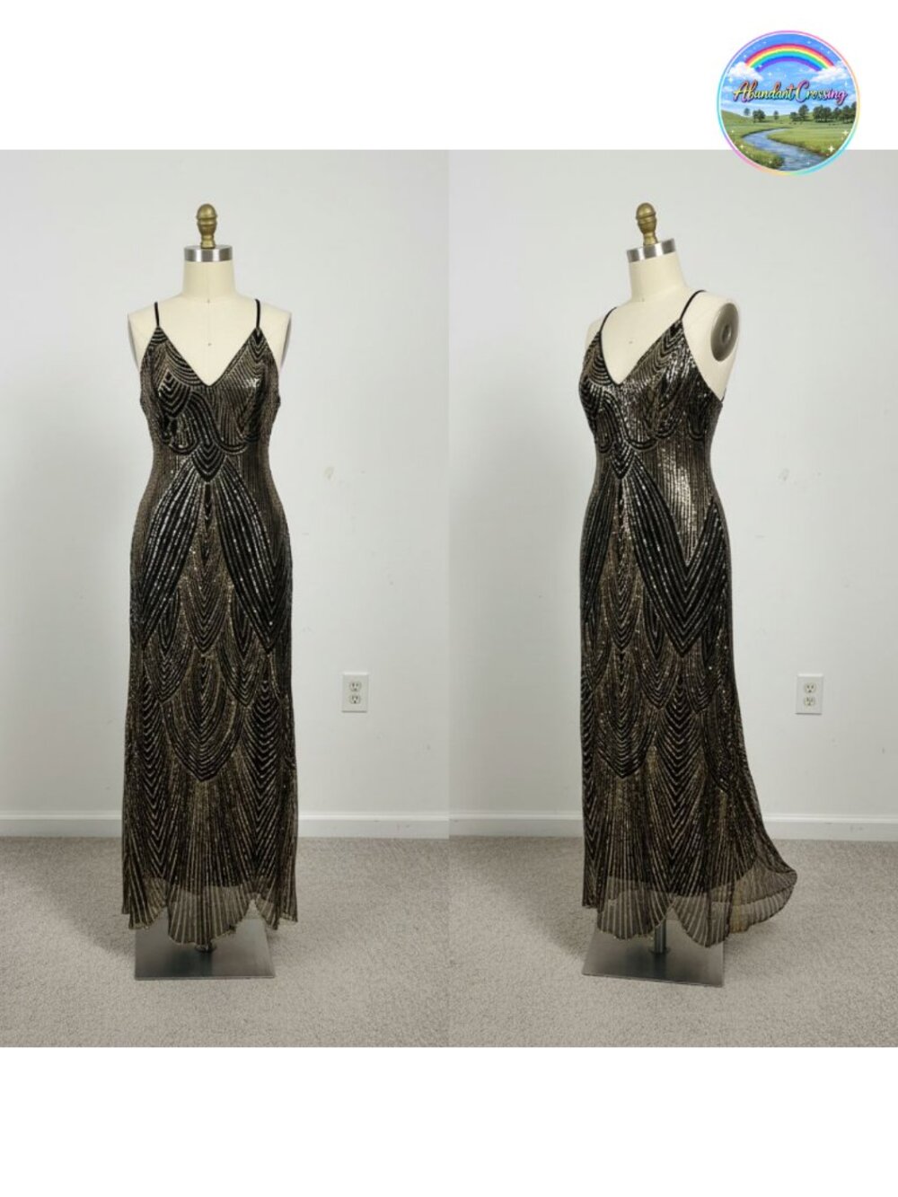 Sequin V Neck Spaghetti Strap Backless Mermaid Prom Maxi Dress